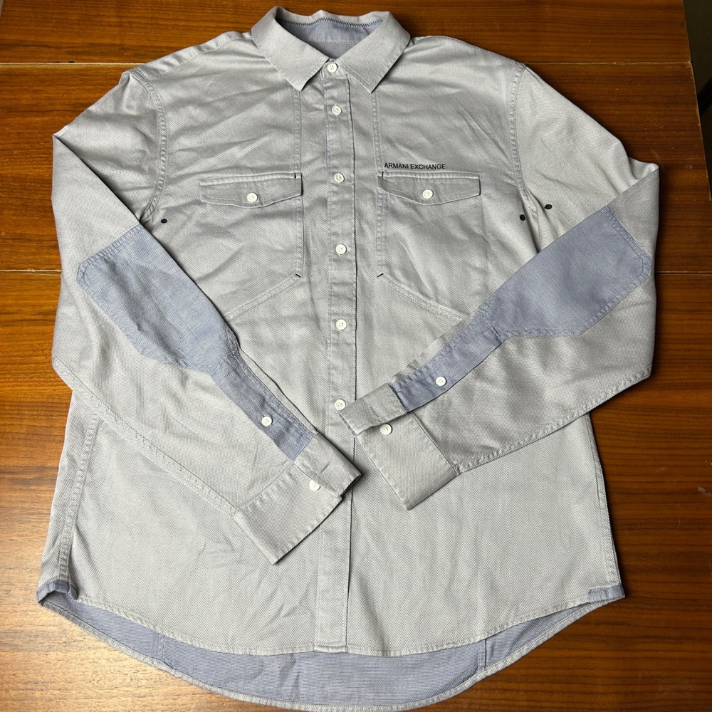 Armani Exchange Mens Large Blue Micro Pattern Utility Button Down Shirt L